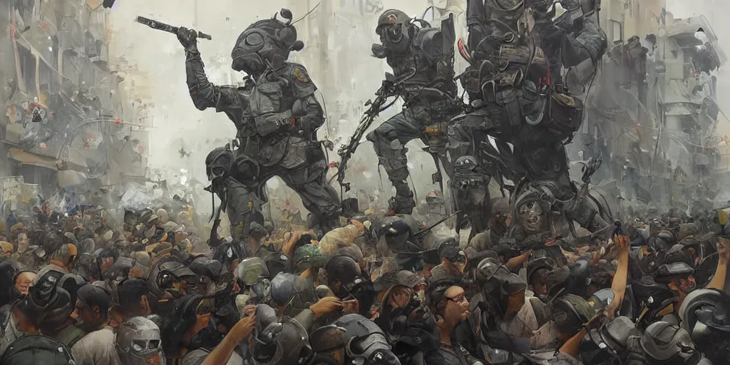 Prompt: street art mural of a anti-riot police in full riot gear beating and arresting civilians by Peter Mohrbacher, James Jean, Craig Mullins, Ross Tran, Hiroshi Yoshida, Mark Simonetti