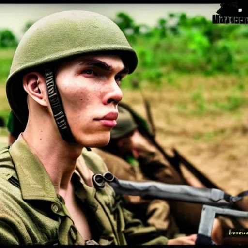 Prompt: youtuber jerma 9 8 5 in the vietnam war 4 k, high resolution, still, landscape, hd, dslr, hyper realistic