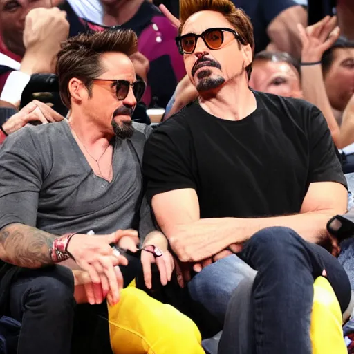 Prompt: robert downey jr. comes to nba to watch lebron james