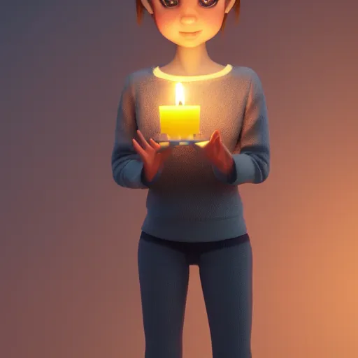 Image similar to A cute girl holding a glowing candle, fragile, soft, vray, octane render, trending on artstation, 3d character, game character