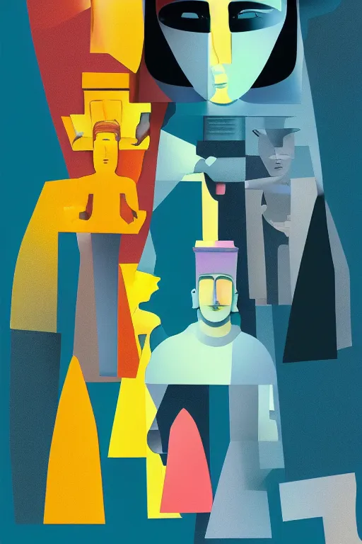 Image similar to cubist moai statue cutout digital illustration cartoon colorful beeple