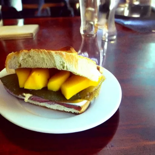 Image similar to sandwich with foie gras and honey and mango, bad, grainy and blurry amateur photo