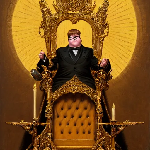 Image similar to perfectly centered portrait of peter griffin in gold gothic robe sitting on a throne of black bones, highly detailed painting by gaston bussiere, craig mullins, j. c. leyendecker, 8 k, mid shot