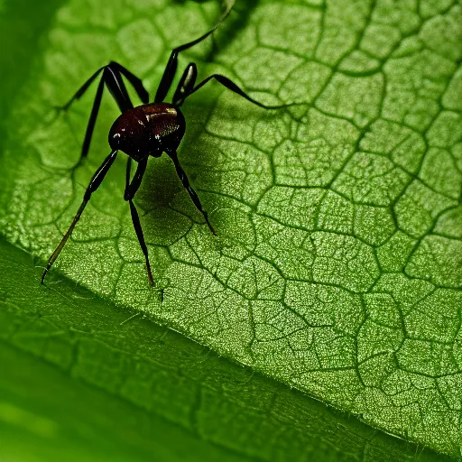 Prompt: cyberpunk ant on a green leaf, macro photography, 8 k, moody lighting, shallow depth of field,