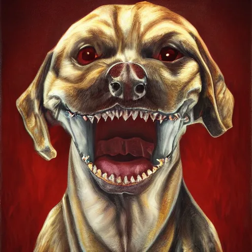 Image similar to scp horror nightmare dog, schizophrenia gothic nightmare dog with incredibly sharp teeth. highly detailed portrait, stylized oil painting, trending on artstation