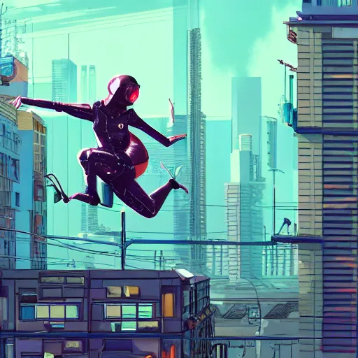 Image similar to Mechanical Aubrey Plaza jumps From rooftop, cyberpunk city background, y2k aesthetic, dramatic lighting, illustration by Anna Tsubaki , Geoff Darrow, 4k, digital art, concept art, trending on artstation