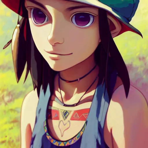 Prompt: beautiful boyish natalie portman alluring gravure model in majora's mask, wearing wooden mask and baseball cap and leotard, street wear with subtle mayan patterns, aztec bathing suit, gapmoe yandere grimdark, trending on pixiv fanbox, painted by greg rutkowski makoto shinkai takashi takeuchi studio ghibli, akihiko yoshida