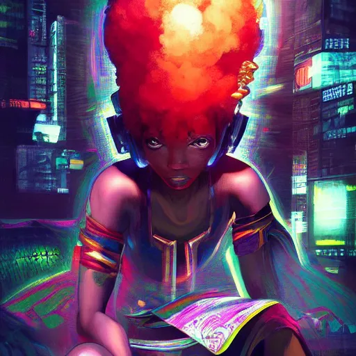 Image similar to afro - cyberpunk deities and their creations, gods and men manifesting dreams with ancestral magic in a modern world | hyperrealistic oil painting | by makoto shinkai, ilya kuvshinov, lois van baarle, rossdraws, basquiat | afrofuturism, in the style of surrealism, trending on artstation | dark color scheme