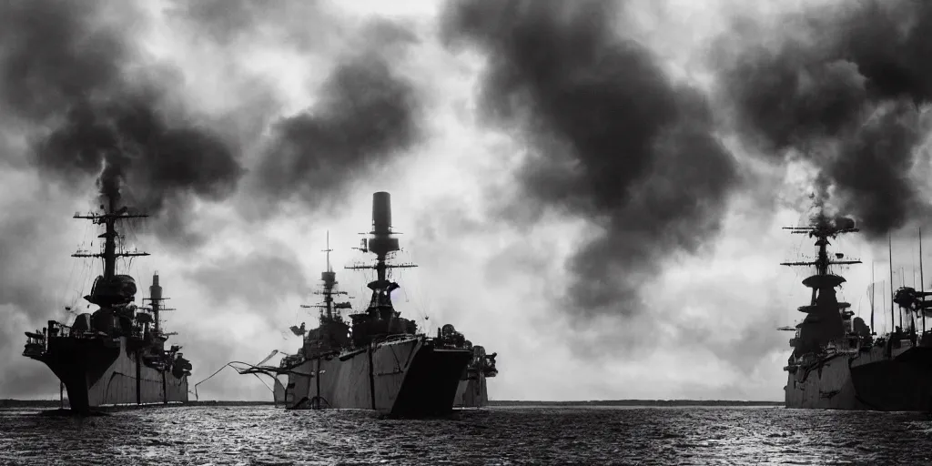 Image similar to naval duel between one steampunk battleship and one dieselpunk battleship, shots fired, clouds of smoke, medium long shot, 120 black and white film