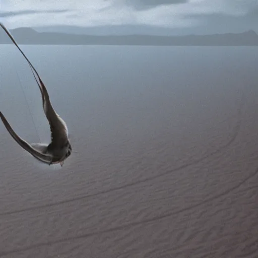 Image similar to a giant squid octopus chimea hanging from the clouds over a desert with beautiful dunes, still from the movie the arrival, 8k