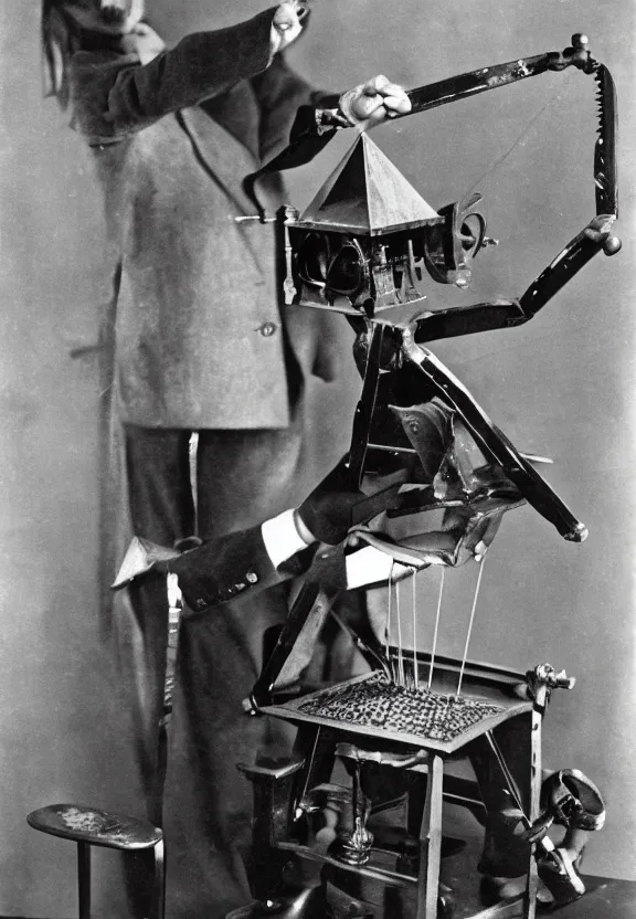 Image similar to marcel duchamp holding up a chess - piece wire - machine, a surrealist painting by marcel duchamp, complex artificial - intelligence machinery, flickr contest winner, studio portrait, 1 9 2 0 s