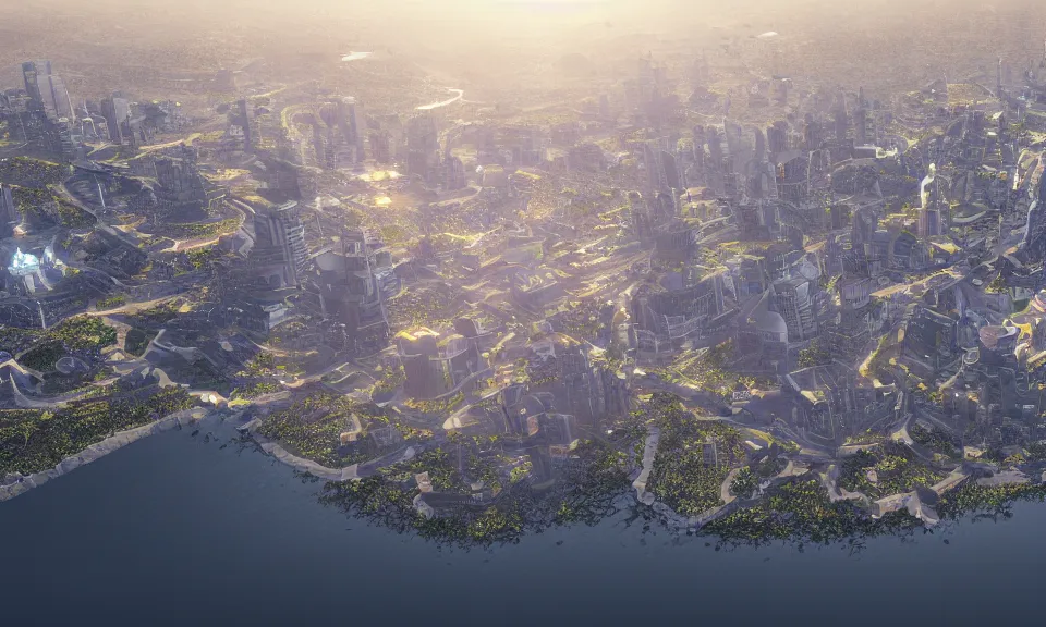 Image similar to circular city on the coast, high walls, aerial view, ray tracing reflections, ray traced shadows, parallax, photorealistic, crepuscular rays, highly detailed, volumetric lighting, ultra - hd, 8 k