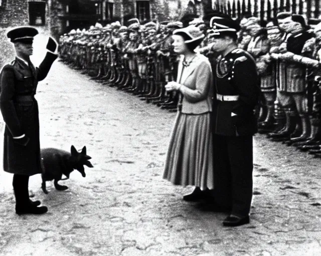 Prompt: ultra wide 1 9 4 6 blurry historical photo of a single german general bowing to a young queen elizabeth in a french village, her corgis are nearby highly detailed, sharp focus