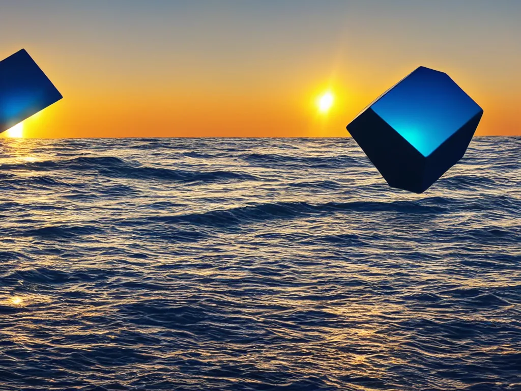 Image similar to a hyper realistic tesseract floating above the waves on a picturesque beach, golden hour, award winning photography, dazzling