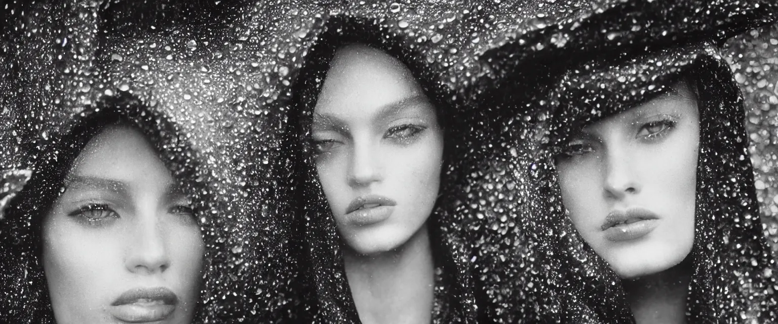 Prompt: fashion model close up in the rain at night by avedon