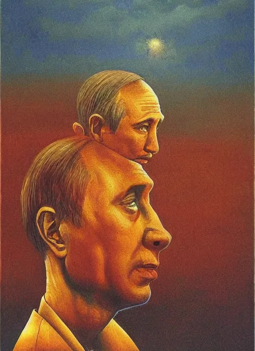 Image similar to Painting in a style of Beksinski featuring Vladimir Putin