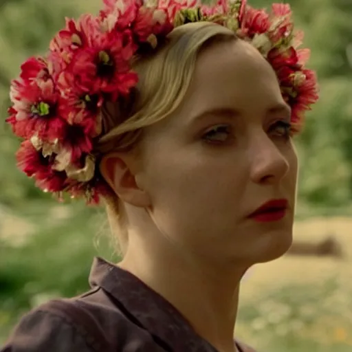 Image similar to movie still of the girl with the flowers head, cinematic composition, cinematic light, by edgar wright and david lynch