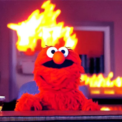 Prompt: Elmo sitting a table the room around him on fire, Elmo is calm thinking this is fine
