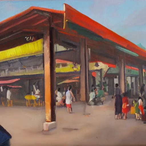 Image similar to an oil painting of a hawker centre