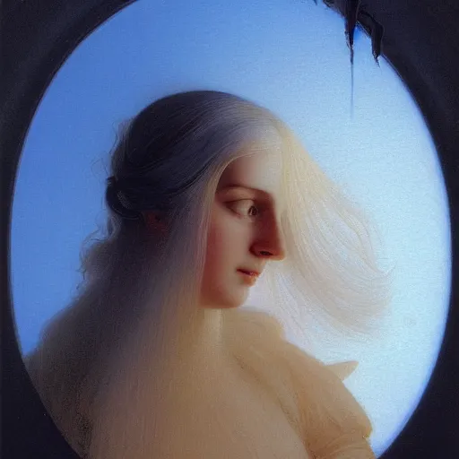 Prompt: a young woman's face, her hair is white and she wears a cobalt blue satin cloak, by ivan aivazovsky and syd mead and moebius and gaston bussiere and roger dean and pieter claesz and paul delaroche and alma tadema and aelbert cuyp and stanley kubrick, hyperrealistic, volumetric light, octane render