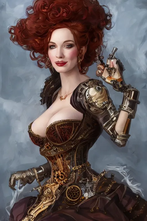 Image similar to three-quarters pose portrait of Christina Hendricks as a sensual Lady Mechanika, very beautiful young woman, ginger wavy hair, Victorian-era push-up underwire. Intricate, steampunk imagery themed, D&D!, fantasy style, sharp focus!, ultra detailed, art by Artgerm and Peter Andrew Jones, WLUP