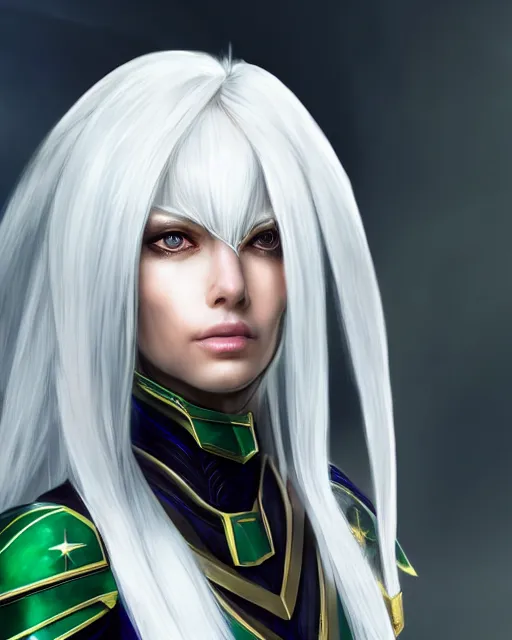 Image similar to perfect white haired attractive egyptian goddess, warframe armor, beautiful, symmetric, dreamy, half asian, pretty face, green eyes, charlize theron, detailed, scifi platform, laboratory, experiment, 4 k, ultra realistic, epic lighting, android body, illuminated, cinematic, masterpiece, art by akihito tsukushi, voidstar