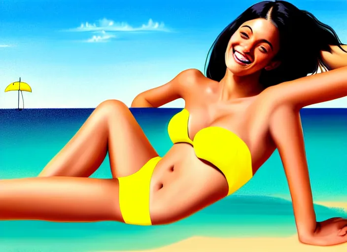 Image similar to a girl with black hair, with a very beautiful symmetrical face, a smile on her face, tanned skin, in a yellow bikini, against the background of a sea beach, in art style, high detail, digital painting