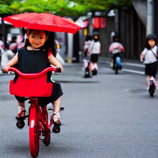 Image similar to tiny cute red dragons riding a bike in the streets of tokyo