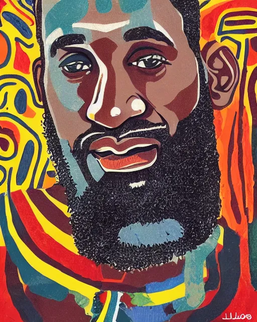 Image similar to a portrait of a 1 9 6 0 s hippie looking like lebron james