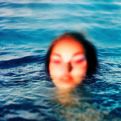 Image similar to colored photography, close-up from behind woman swimming in ocean at night, blue light, 35mm film,