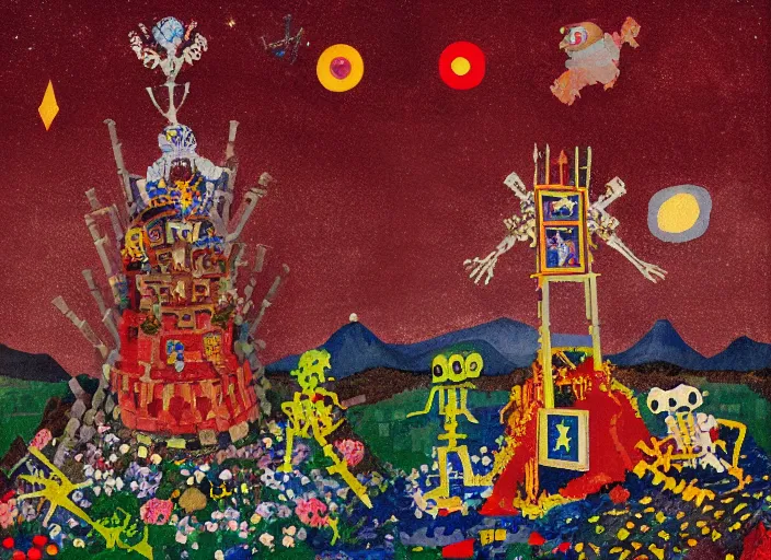 Image similar to pixel decollage painting tarot lovers card composition tower of babel road red armor maggot bear and wonky alien frog skeleton knight on a horse in a dark red cloudy night sky with golden foil jewish stars and diamonds, mountain lake and blossoming field in background, painted by Mark Rothko, Helen Frankenthaler, Danny Fox and Hilma af Klint, pixelated, neo expressionism, semi naive, pastel colors, cinematic, color field painting, cave painting, voxel, pop art look, outsider art, minimalistic. Bill Traylor painting, part by Philip Guston, Amano and Francis Bacon. art by Adrian Ghenie and Storm Thorgerson, very coherent symmetrical artwork, cinematic, hyper realism, high detail, octane render, unreal engine, Smooth gradients, depth of field, full body character drawing, extremely detailed, 8k, extreme detail, intricate detail, masterpiece