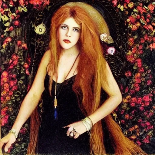 Image similar to amazing preraphaelite painting of stevie nicks in her youth