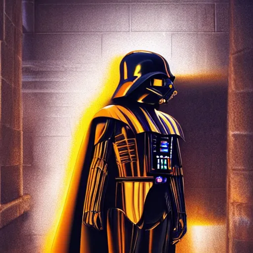 Image similar to gold bordered mural of a futuristic darth vader, hyper realistic, cyberpunk, nightcore, 4 k, highly detailed, beautifully rendered