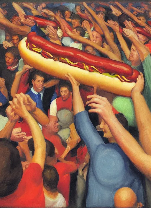 Prompt: crowd of tired citizens together carrying a giant hotdog over their heads, DSLR 35mm, by Edward Hopper