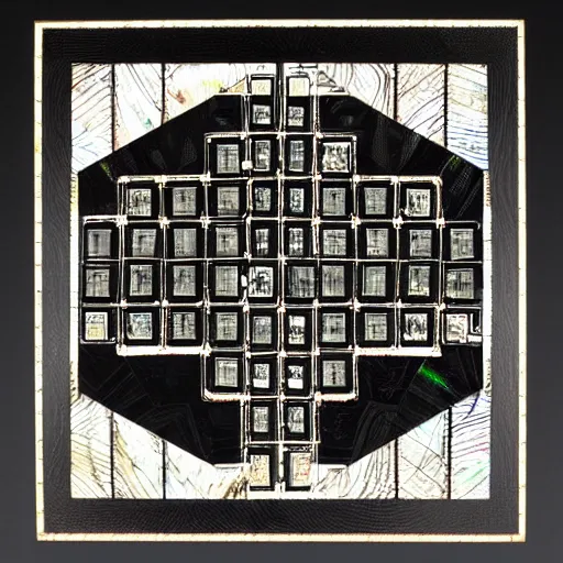 Image similar to black cube on a black background with intricate iridescent mother - of - pearl inlay art in the style of a circuit board