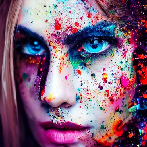 Image similar to portrait photography, stunning woman with deep amber eyes, splattered with shimmering colorful paint