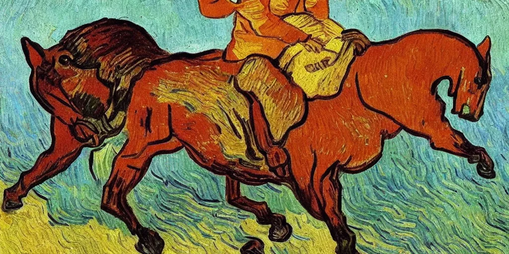 Prompt: a rabbit riding a horse, oil painting by Van Gogh