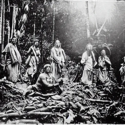 Prompt: lost film footage of a sacred in the middle of the ( ( ( ( ( ( ( ( ( tropical jungle ) ) ) ) ) ) ) ) ) / ethnographic object / tribal / sacred / film still / cinematic / enhanced / 1 9 0 0 s / black and white / grain