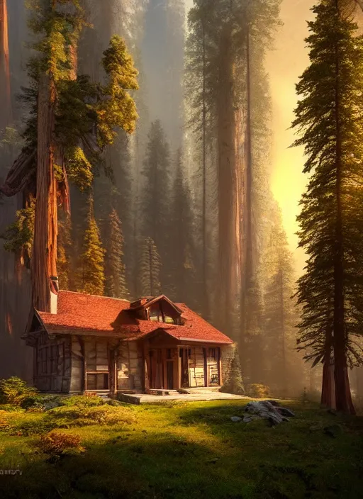 Image similar to random mystic house in sequoia forest incredible, vector art, octane render, fabulous, hyper detailed, random cinematic view, no noise, global illumination, warm lighting, volumetric, godrays, vivid, beautiful, by jordan grimmer