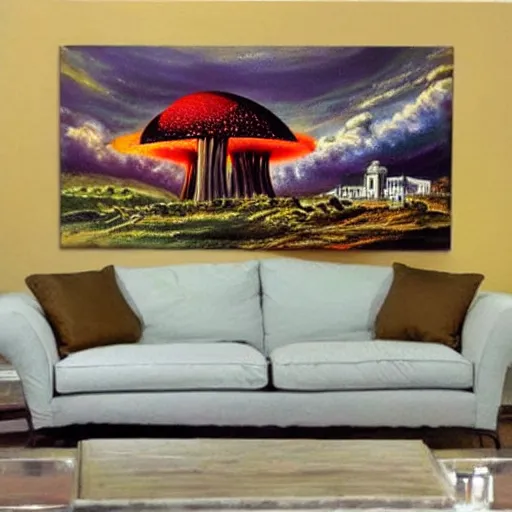 Image similar to nuclear mushroom cloud, fall of rome, epic painting