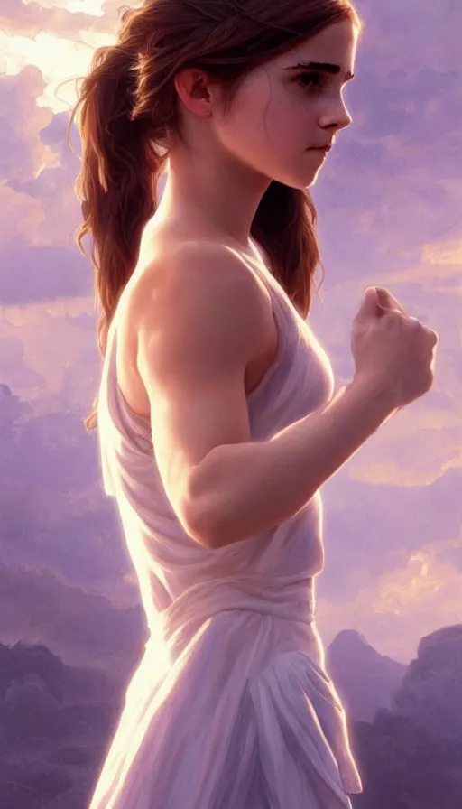 Image similar to angel, perfectly-centered-painting of young Emma watson, sweaty, dynamic action pose, insane, intricate, highly detailed, digital painting, artstation, concept art, smooth, sharp focus, illustration, Unreal Engine 5, 8K, art by artgerm and greg rutkowski and alphonse mucha