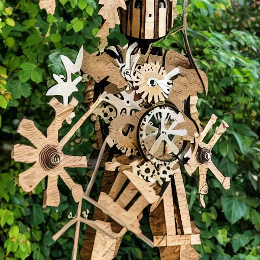 Prompt: a clockwork knight made of wood, leaves, branches, vines, flowers, bouquet, f / 1 1