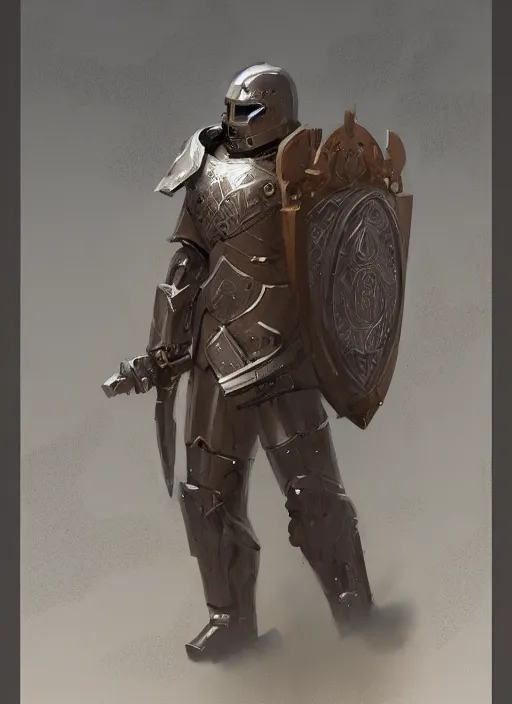 Image similar to portrait of a warforged character holding a paladin engraved longsword and carrying a big shield, epic rough concept art, by Greg Rutkowski