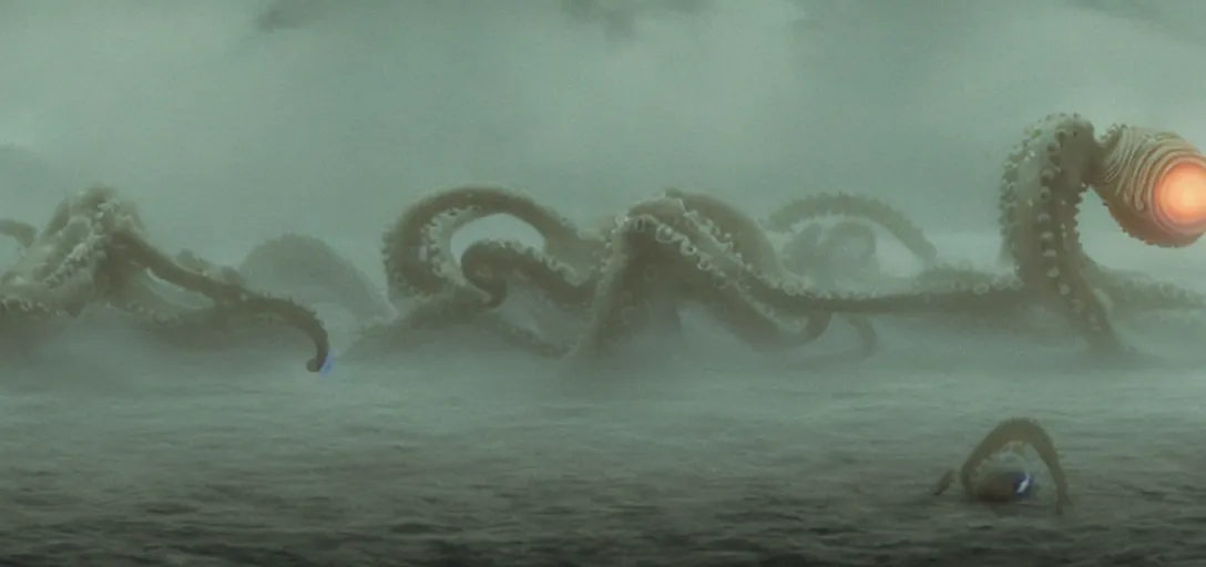 Image similar to a robotic octopus'tentacles wrapped around jupiter, foggy, cinematic shot, photo still from movie by denis villeneuve, wayne barlowe