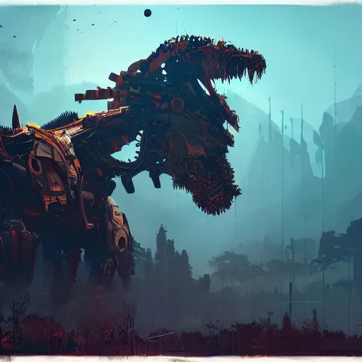 Image similar to machine beast, by Ismail Inceoglu, horizon zero dawn, mechanical, detailed, complex, brushstrokes, monster, creature, illustration, concept art, 4K