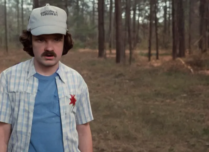 Prompt: film still of jim hopper as mike wheeler in stranger things, 8 k