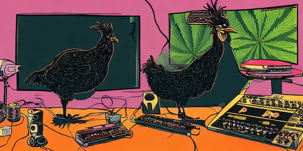 Image similar to 'black chicken'!!! smoking 'cannabis'!!!!!! in front of 'audio console'!!!! and 'multi monitors'!!!! 'in a hi-tech tv broadcasting studio'!!!!, artwork by James Gilleard