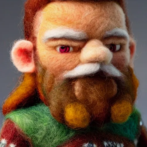 Image similar to needle felted gimli from the return of the king (2003), highly detailed, tilt shift, cute, hyperrealism, highly textured, god rays