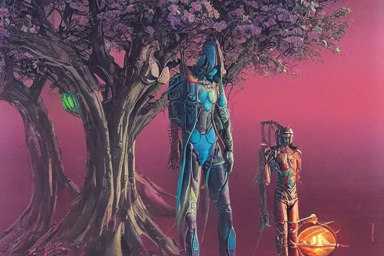 Image similar to 1979 OMNI Magazine Cover of a Druidic elf with armor by a cherry tree in Neo-Kyoto in cyberpunk style by Vincent Di Fate trending in r/reasonablefantasy