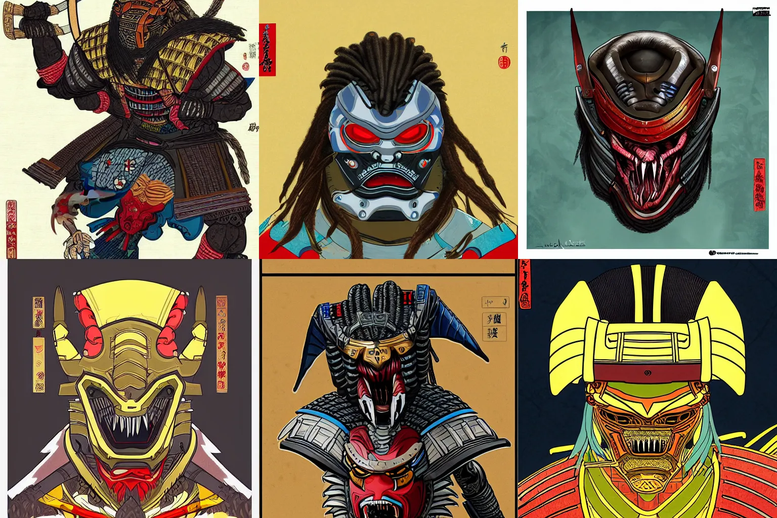 Prompt: digital painting of the Predator as a samurai in ancient Japan, ukiyo-e style, alien helmet and armor, dreadlocks, hyperdetailed trending on Artstation